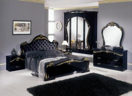 темный дизайн спальни с мебелью