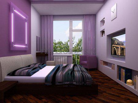 Сочетание фиолетовых цветов в современной спальне